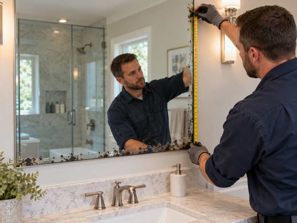 Bathroom wall mirror showing dark deterioration along its lower reflective edge before professional replacement.