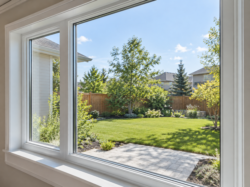 Clear insulated double-pane residential window glass showing an unobstructed outdoor view.