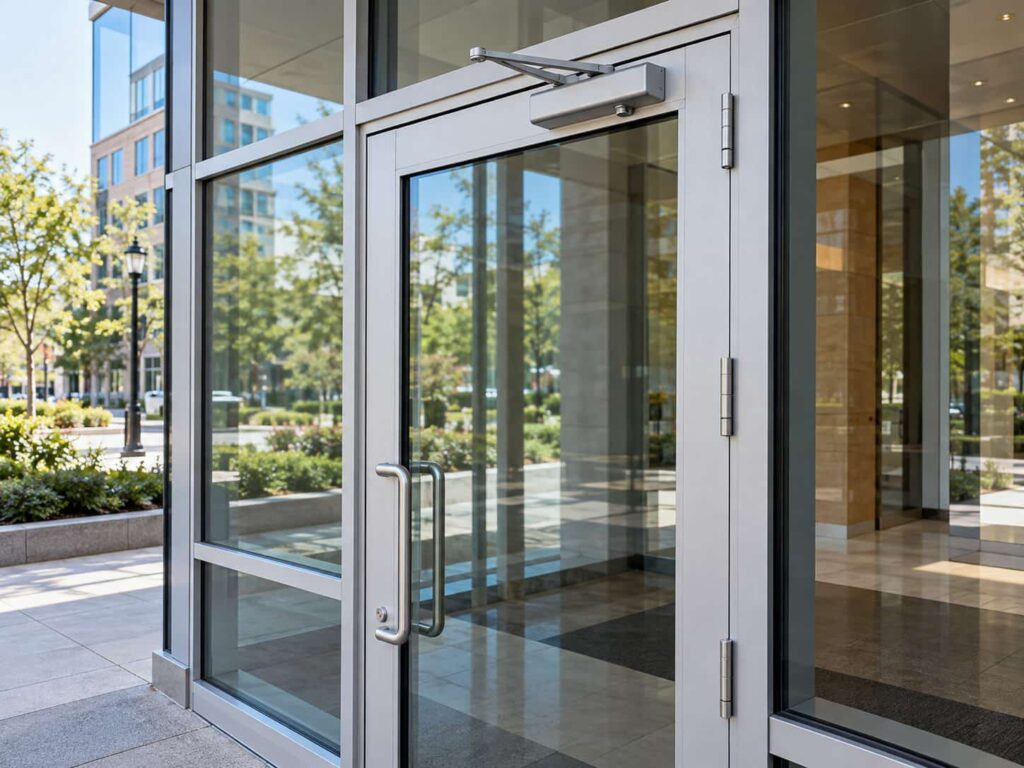 Aluminum-framed commercial glass entrance doors with an overhead door closer and professional glazing details.