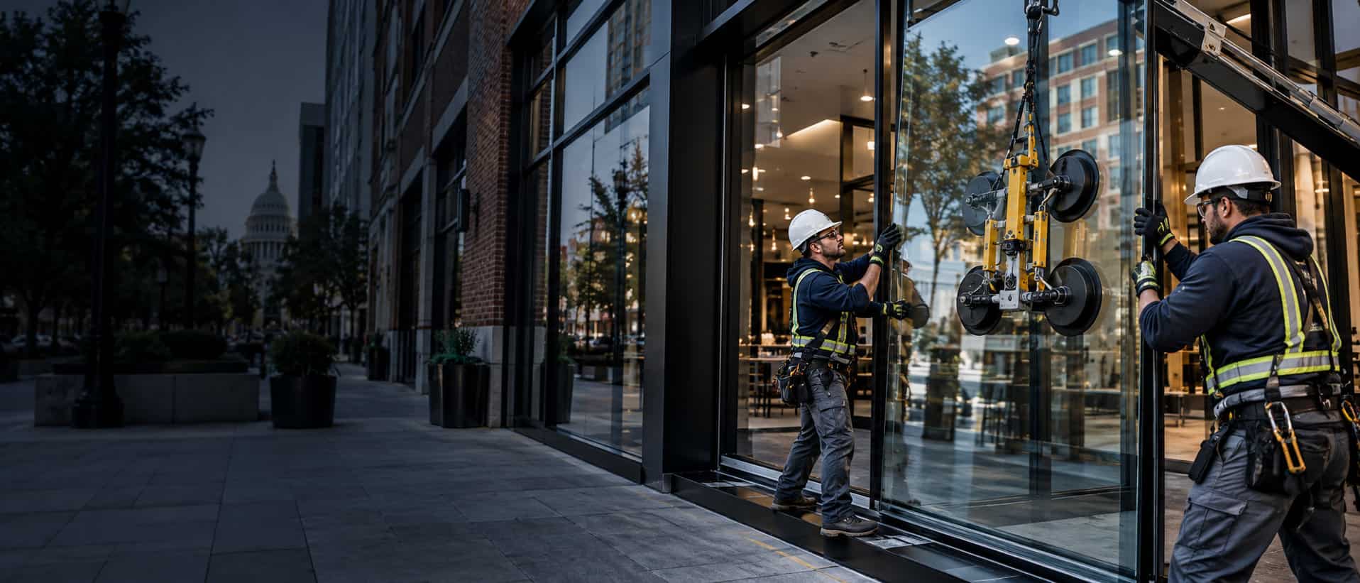 Commercial glass technicians installing a large transparent storefront panel in a modern commercial building.