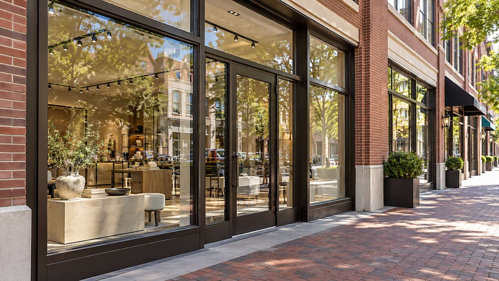 Modern commercial storefront with clear glass display windows and an aluminum-framed entrance in Alexandria, VA.