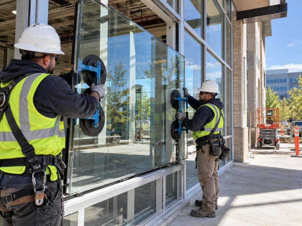 Glazing technicians carefully positioning a replacement glass panel in a commercial aluminum storefront frame.