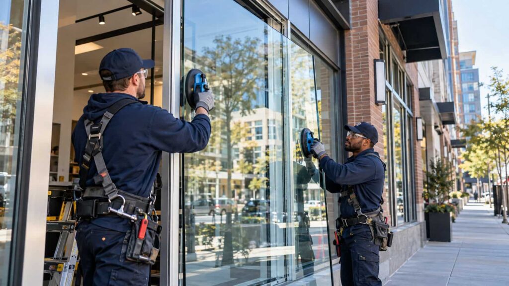 Professional glass technician positioning a replacement storefront glass panel in a commercial aluminum window frame.