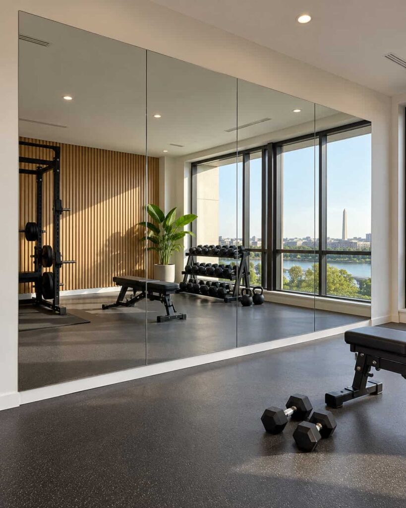 Full-height custom gym mirror panels installed along a modern fitness studio wall with clear reflections and aligned glass edges.