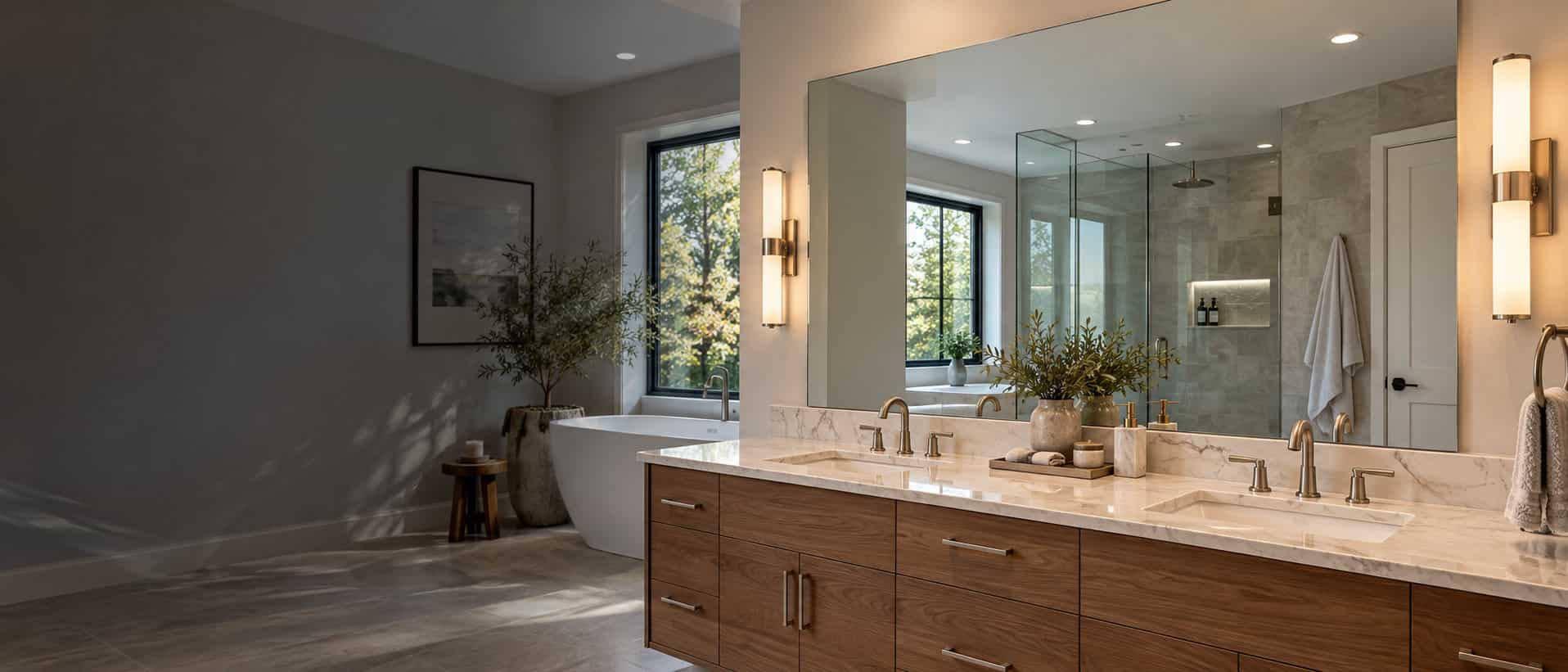 Large custom wall mirror installed above a modern bathroom double vanity with elegant lighting and finished edges.