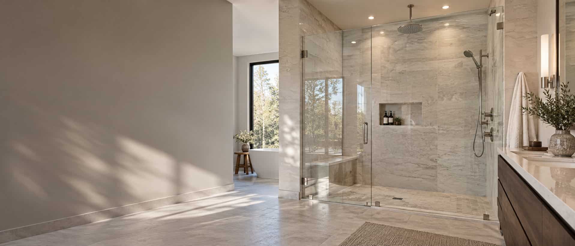 Modern bathroom with a custom frameless glass shower enclosure, clear glass panels and chrome hardware.