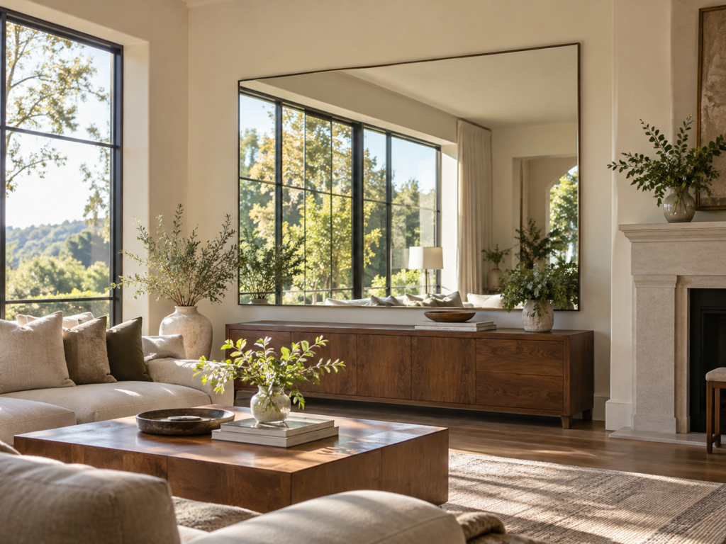 Large custom wall mirror reflecting daylight from a nearby living room window.