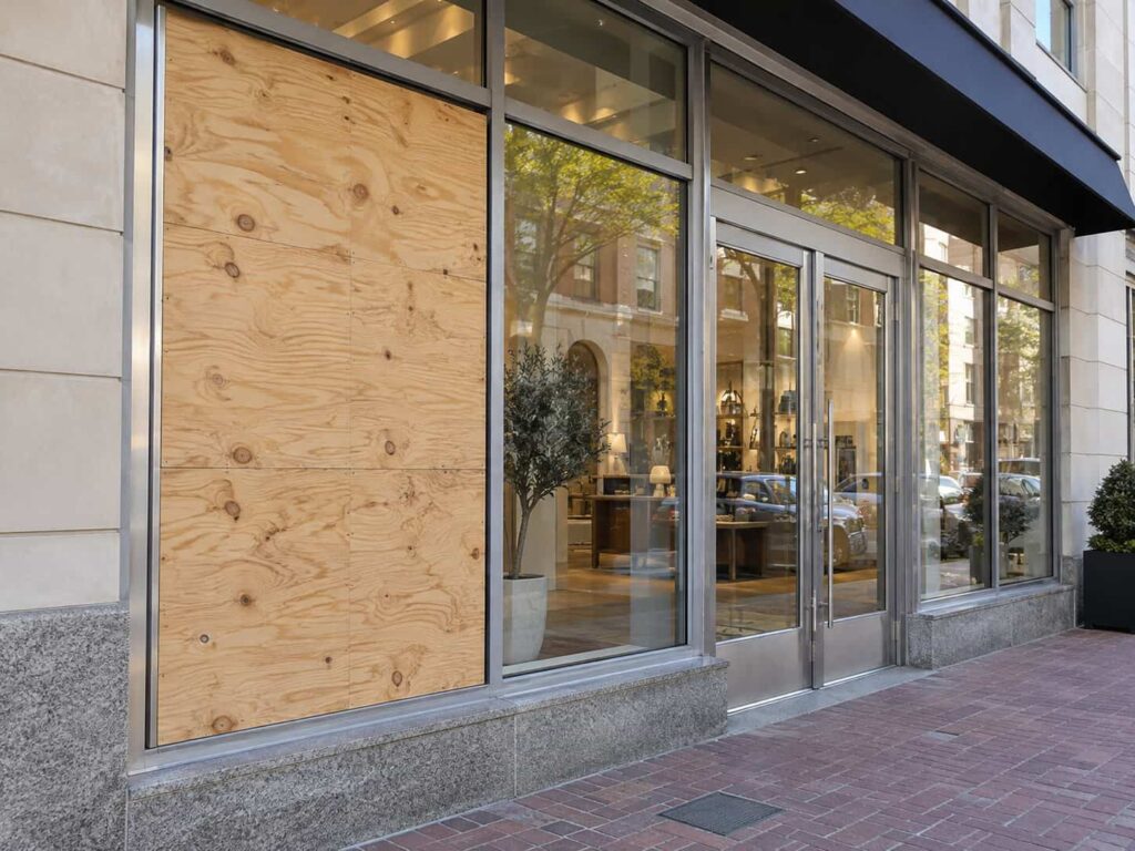 Commercial storefront opening temporarily secured with a plywood board-up panel after glass damage.