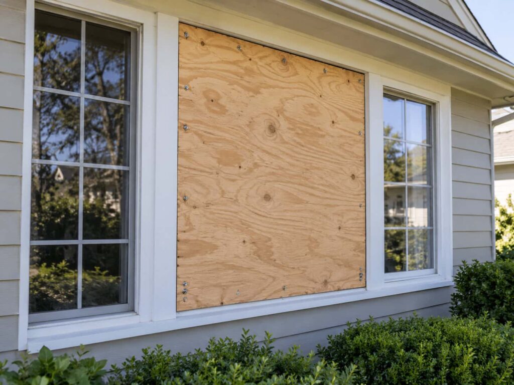 Residential window opening temporarily secured with a fitted board-up panel following glass damage.