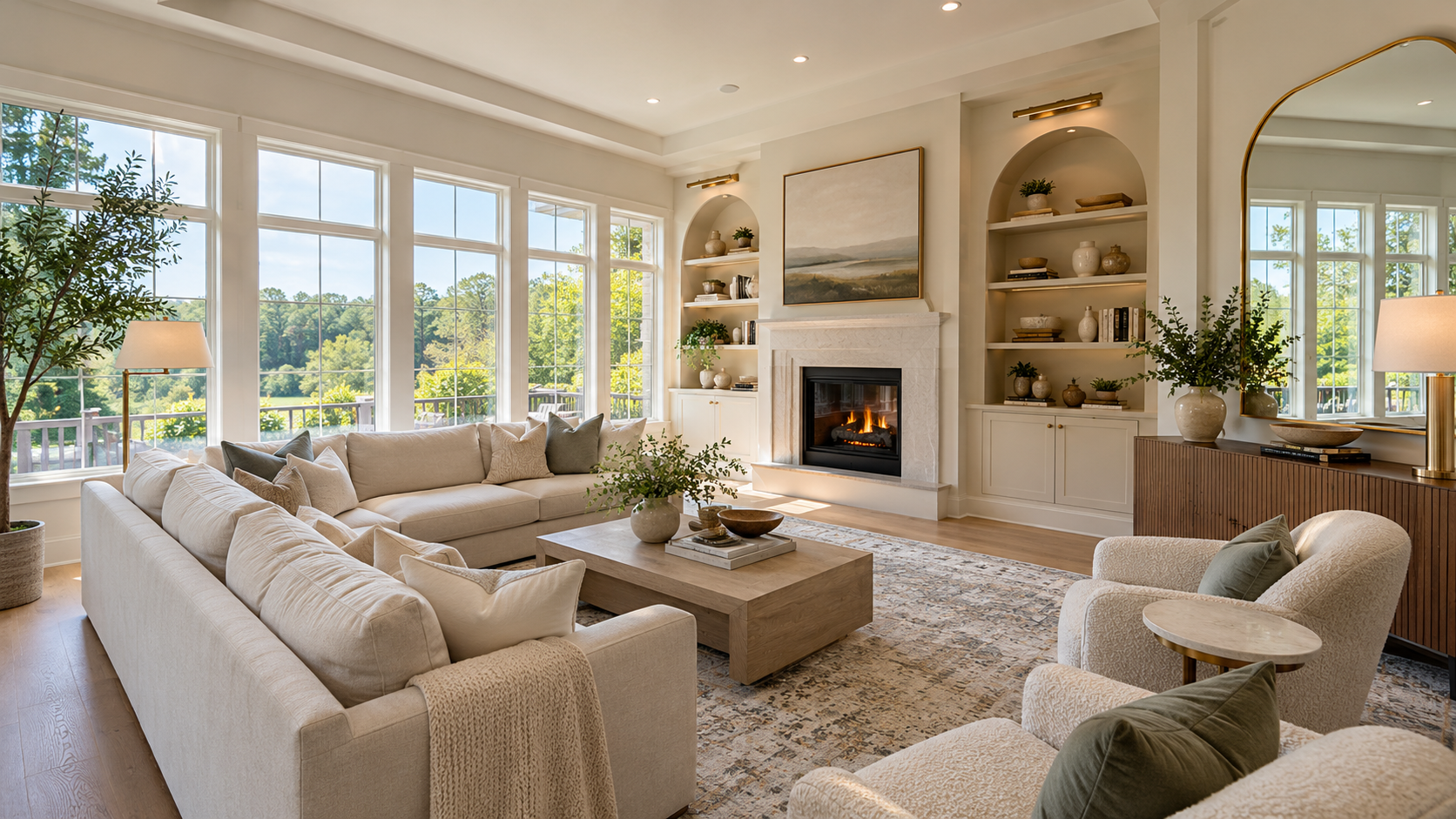 Sunlit modern living room with large windows, a custom wall mirror and bright natural interior finishes.
