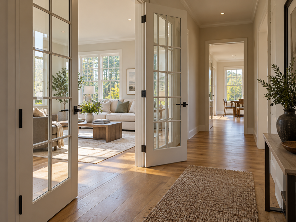 Residential interior glass-panel doors allowing daylight to pass between a living room and hallway.