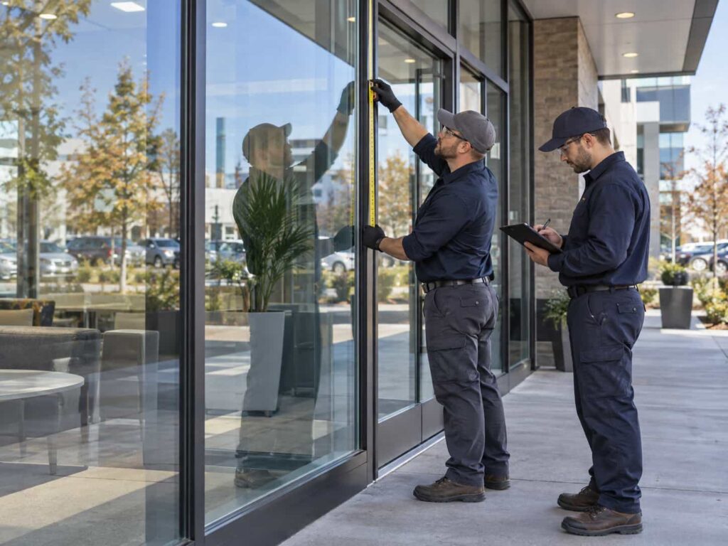 Two professional glazing technicians measuring a commercial storefront window and reviewing installation dimensions.