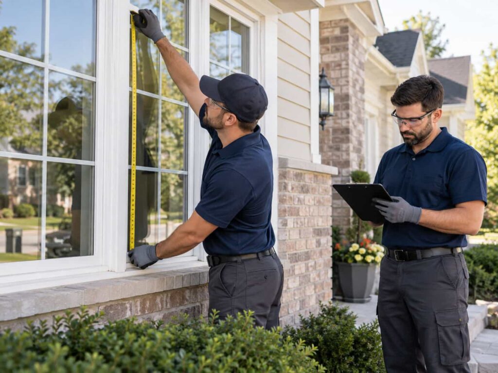 Residential glass technicians measuring an existing home window and reviewing replacement glass dimensions.