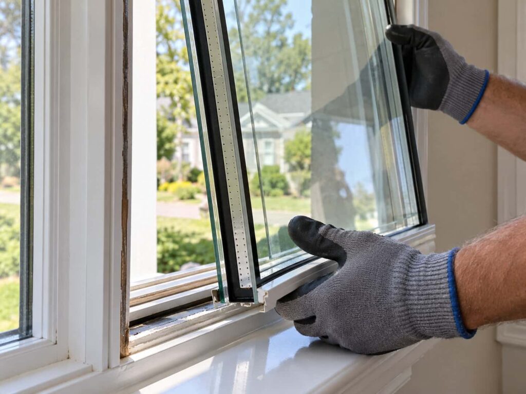 Replacement insulated glass unit being professionally fitted into a residential window frame.