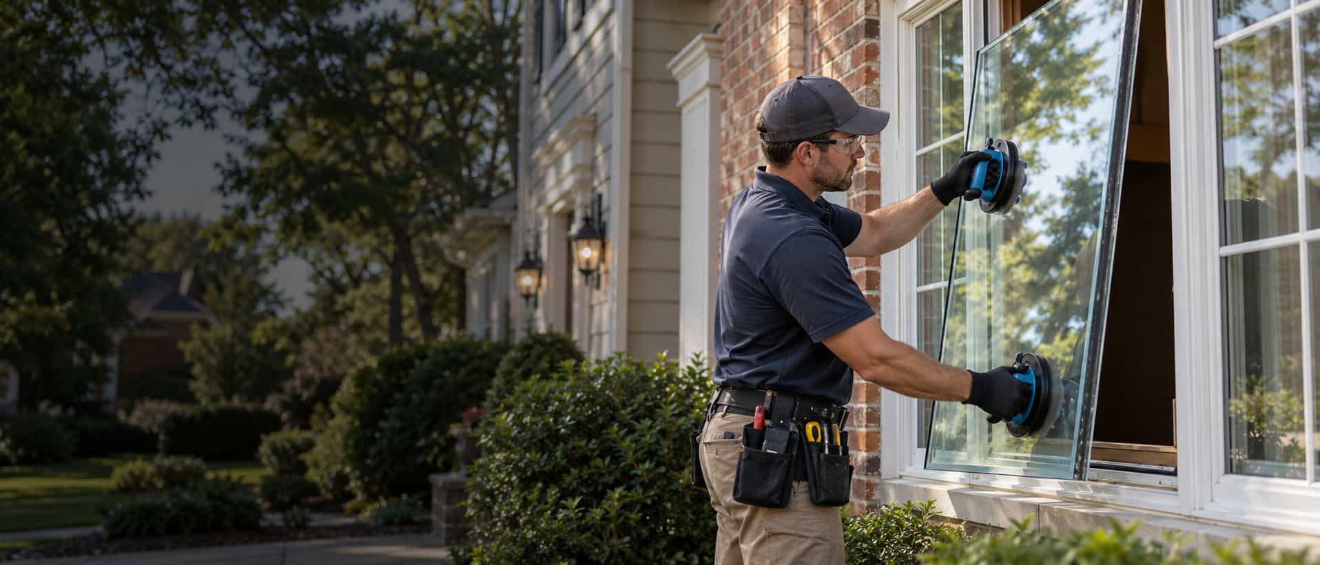 Professional glass technician installing replacement glass in a large residential window of a modern suburban home.