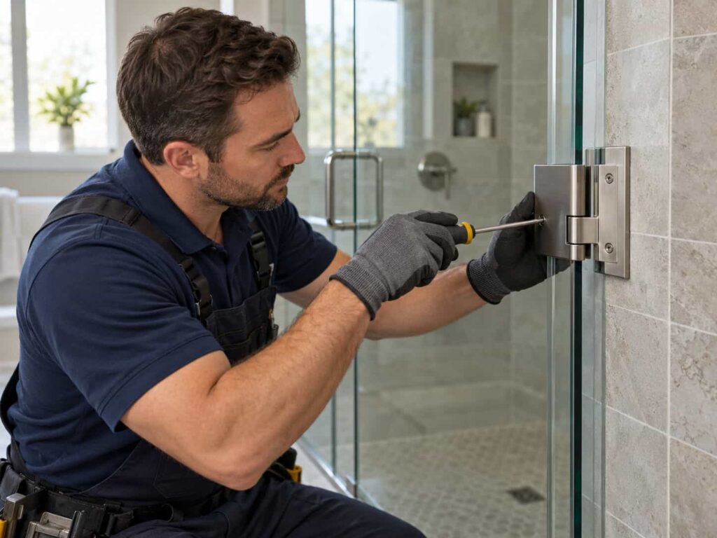 Professional glass technician checking and adjusting the metal hinge of an existing frameless shower door.