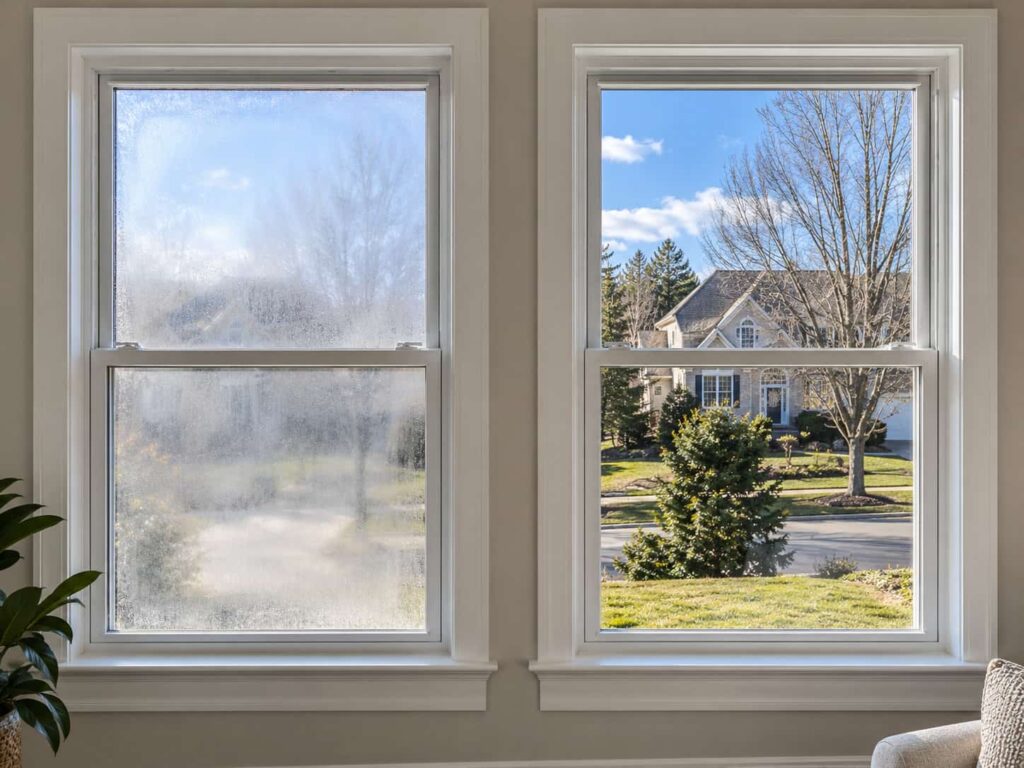 Comparison of a foggy insulated glass window and a clear replacement double-pane glass unit.