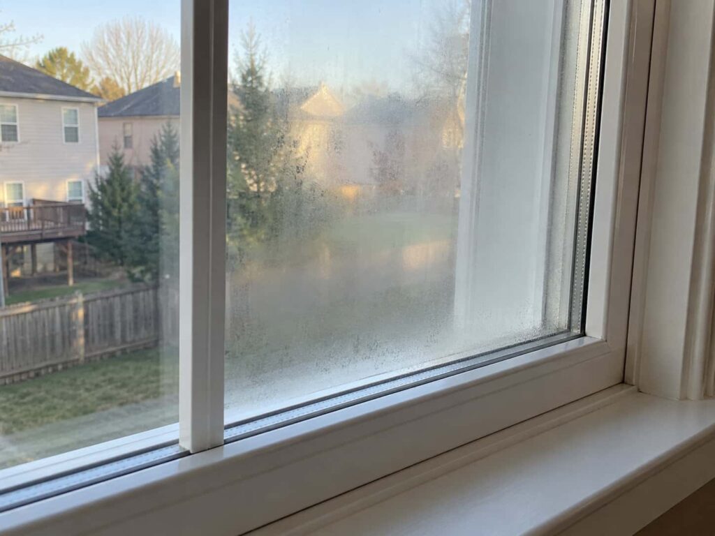 Residential double-pane window showing condensation trapped between its sealed glass panes.