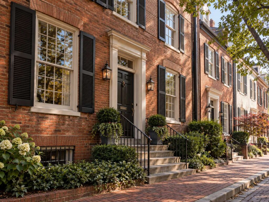 Traditional multi-pane wood sash windows on a historic brick rowhouse in Old Town Alexandria, Virginia.
