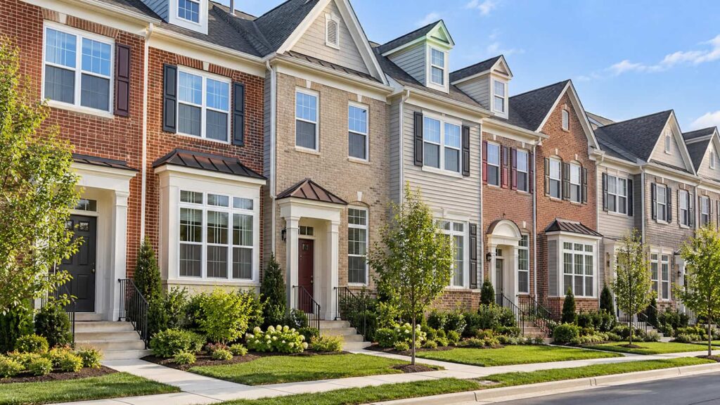 Modern Northern Virginia townhouses featuring coordinated double-pane windows and residential exterior glazing.