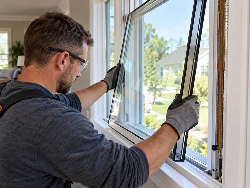 Glazier carefully fitting a replacement insulated glass unit into an existing residential window sash.