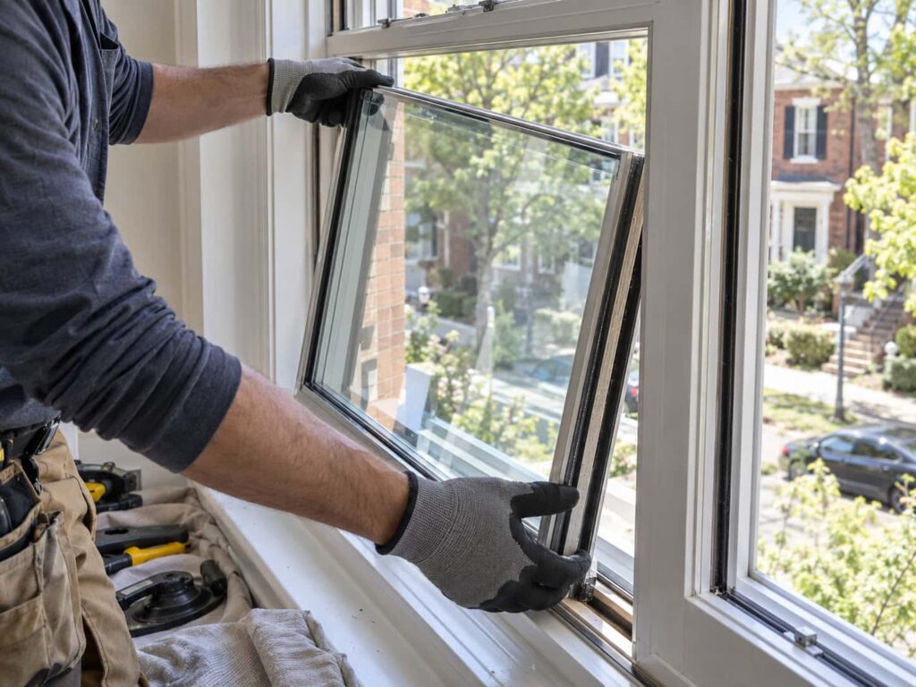 Professional glazier carefully fitting a replacement glass unit into an existing residential window sash.