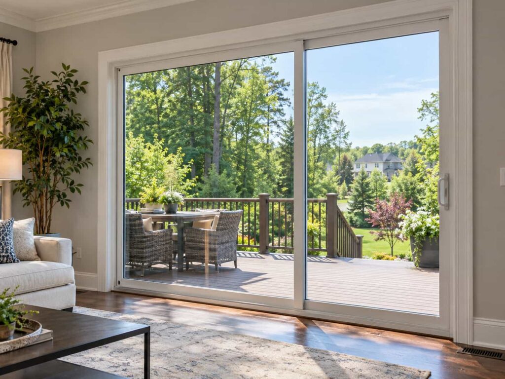 Clear insulated glass panels in a residential sliding patio door overlooking a landscaped Stafford backyard.