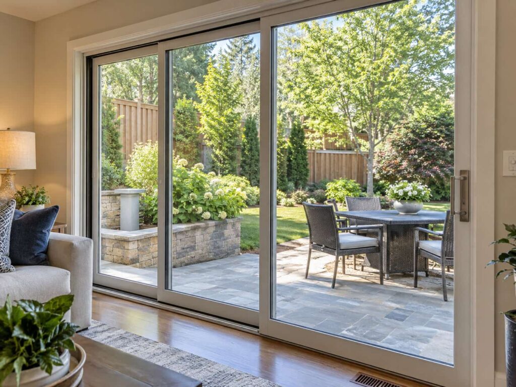 Clear insulated glass panels in a sliding patio door opening onto a residential backyard.