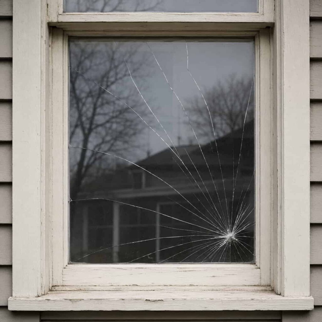 Close-up of a cracked window pane with radiating fracture lines in a painted frame