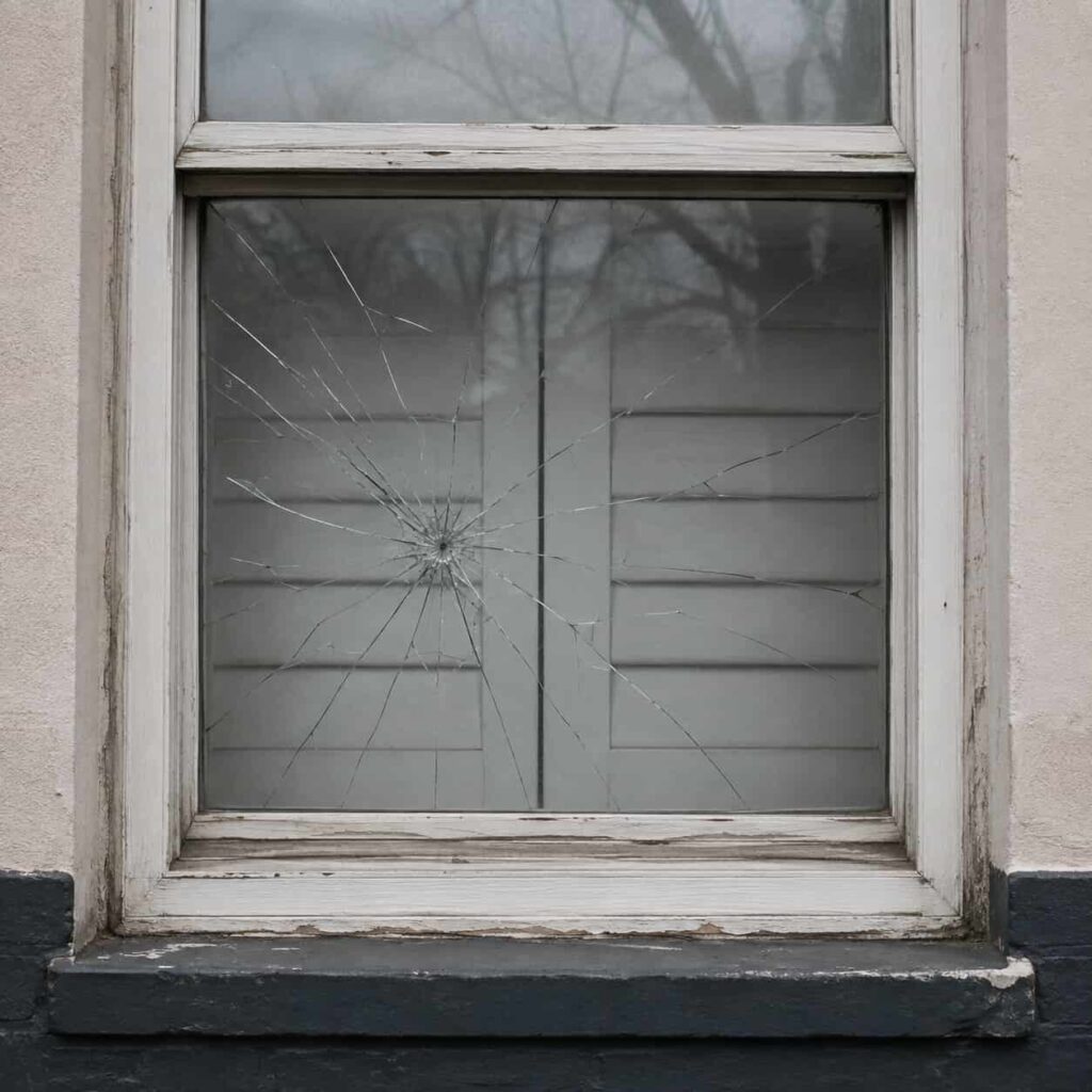 Close-up of a cracked window pane with radiating fracture lines in a painted frame