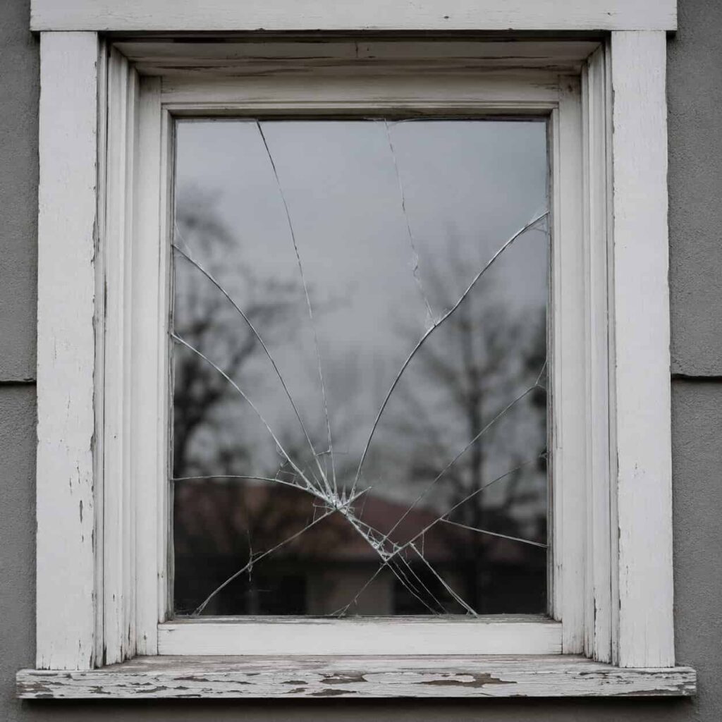 Close-up of a cracked window pane with radiating fracture lines in a painted frame