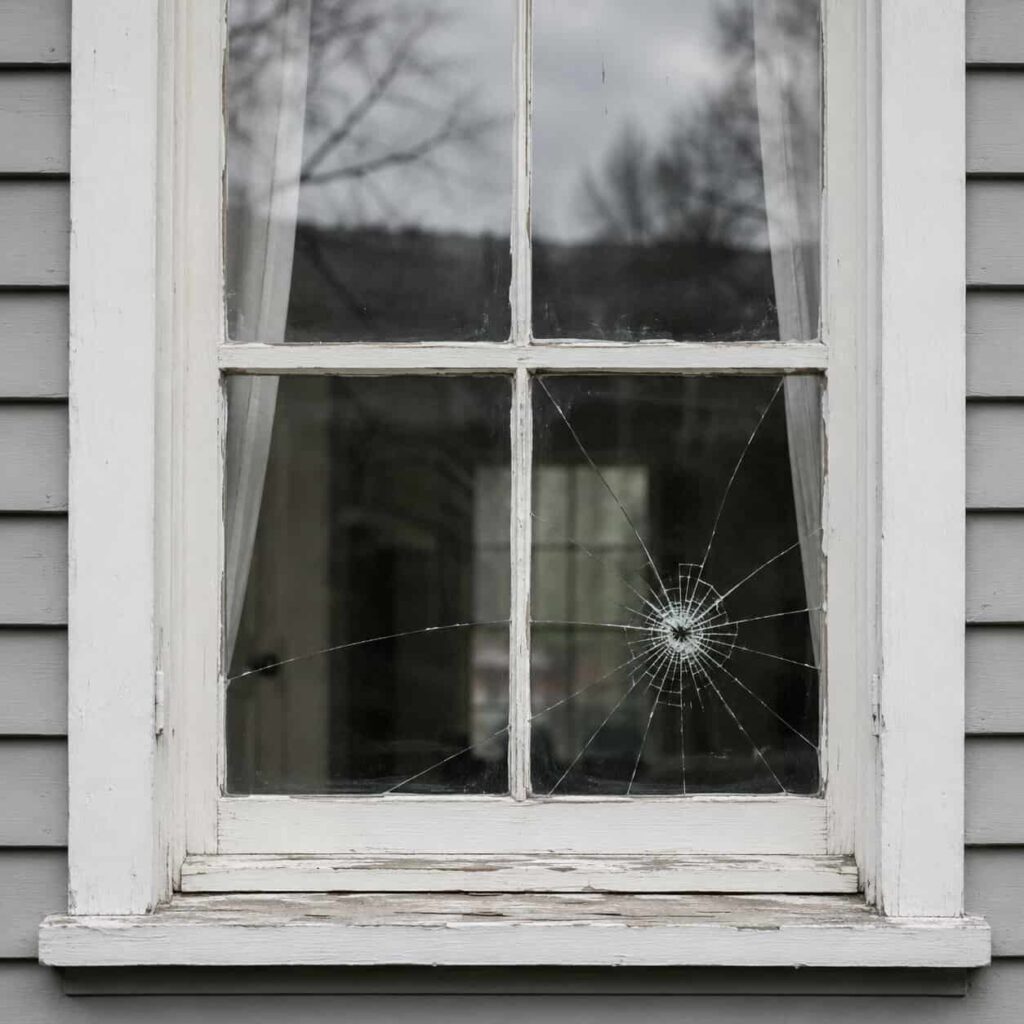 Close-up of a cracked window pane with radiating fracture lines in a painted frame