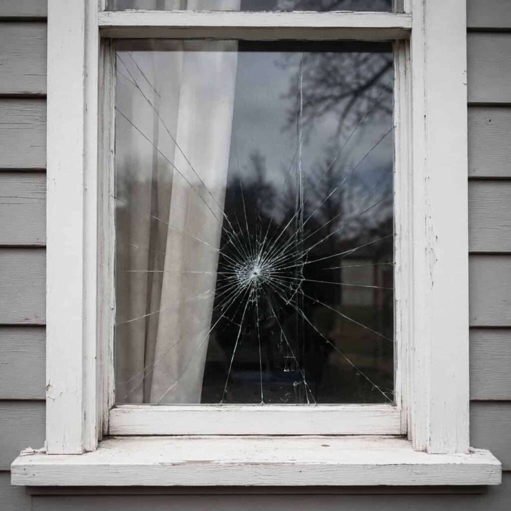 Close-up of a cracked window pane with radiating fracture lines in a painted frame