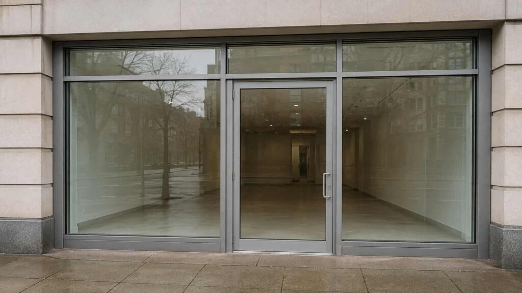 Ground-floor storefront with aluminum framing, glass display panels and a transom above