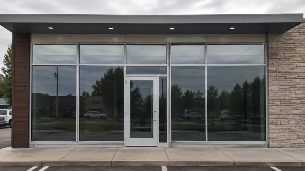 Aluminum-framed commercial storefront with large clear glass panels and a glass entrance door
