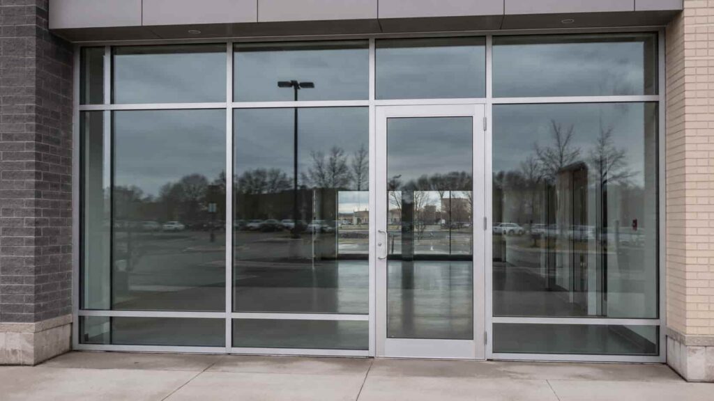 Aluminum-framed commercial storefront with large clear glass panels and a glass entrance door
