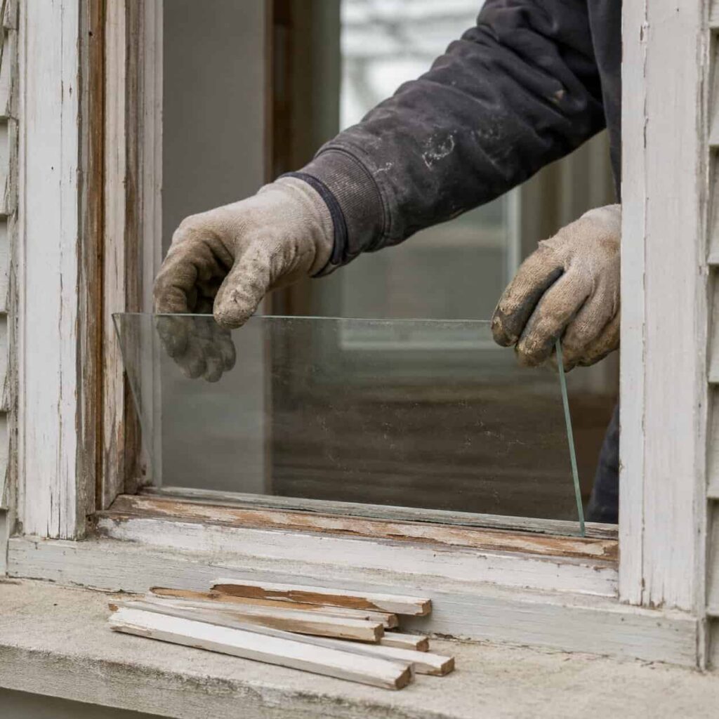 Gloved hands lowering a new pane of glass into an existing window sash