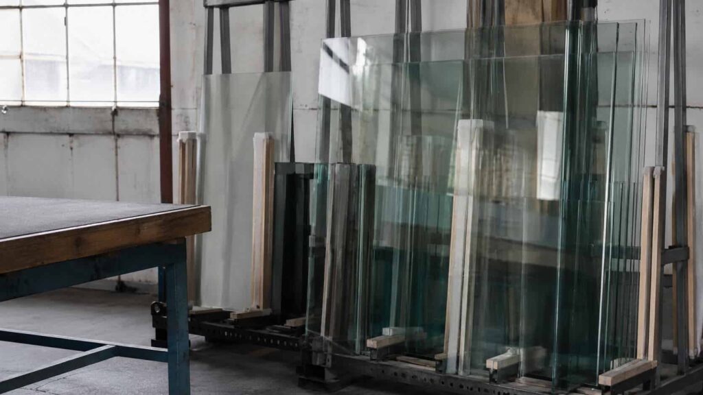 Sheets of clear glass stored upright on a workshop rack