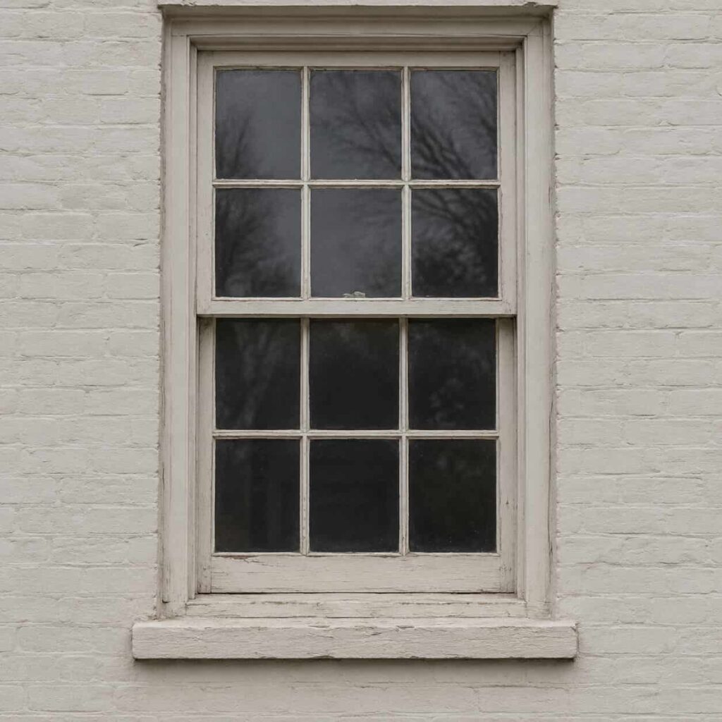 Detail of an original wood sash window with divided light panes and putty glazing
