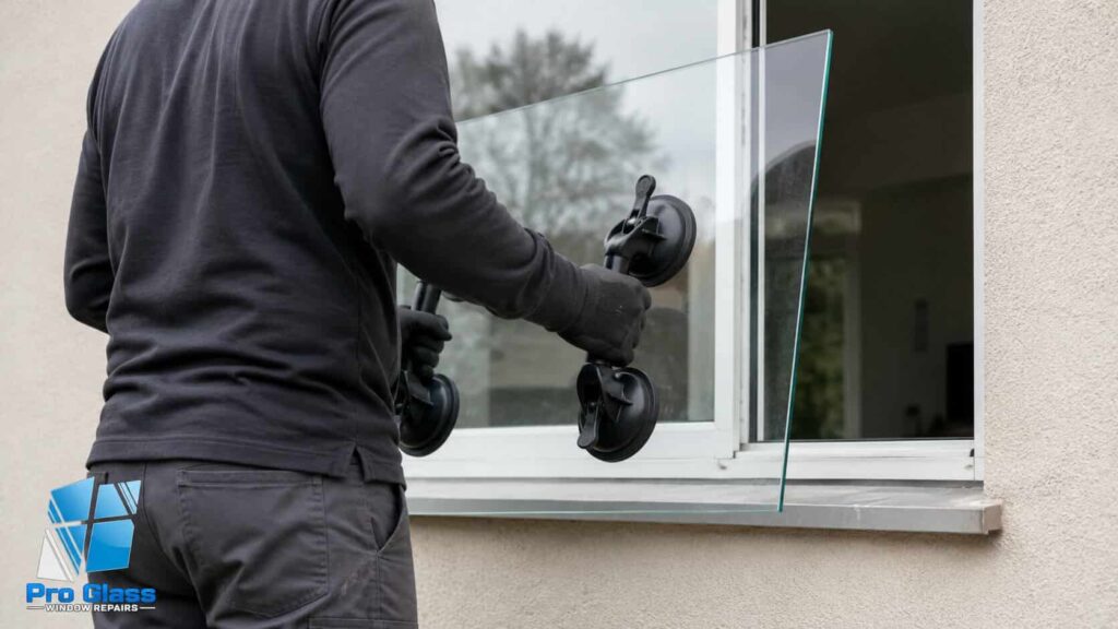 Technician carrying a replacement glass panel with suction cup lifters toward a window opening