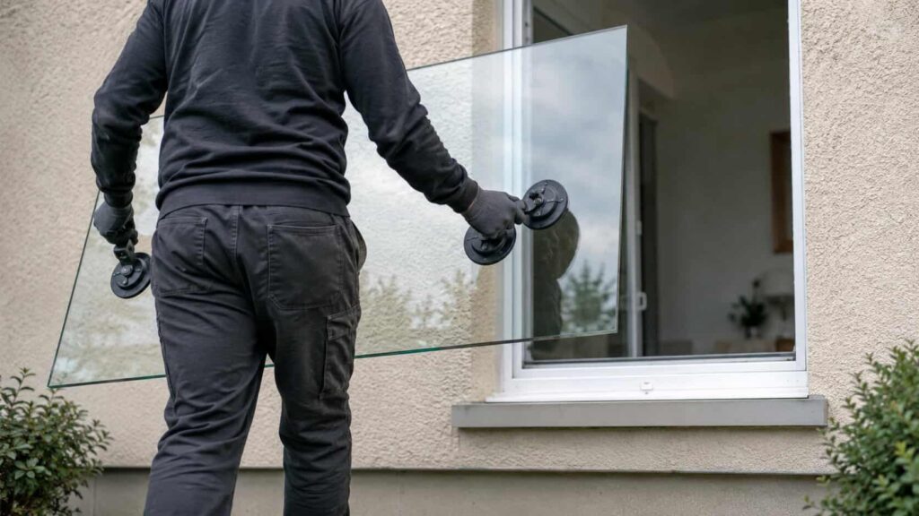 Technician carrying a replacement glass panel with suction cup lifters toward a residential window