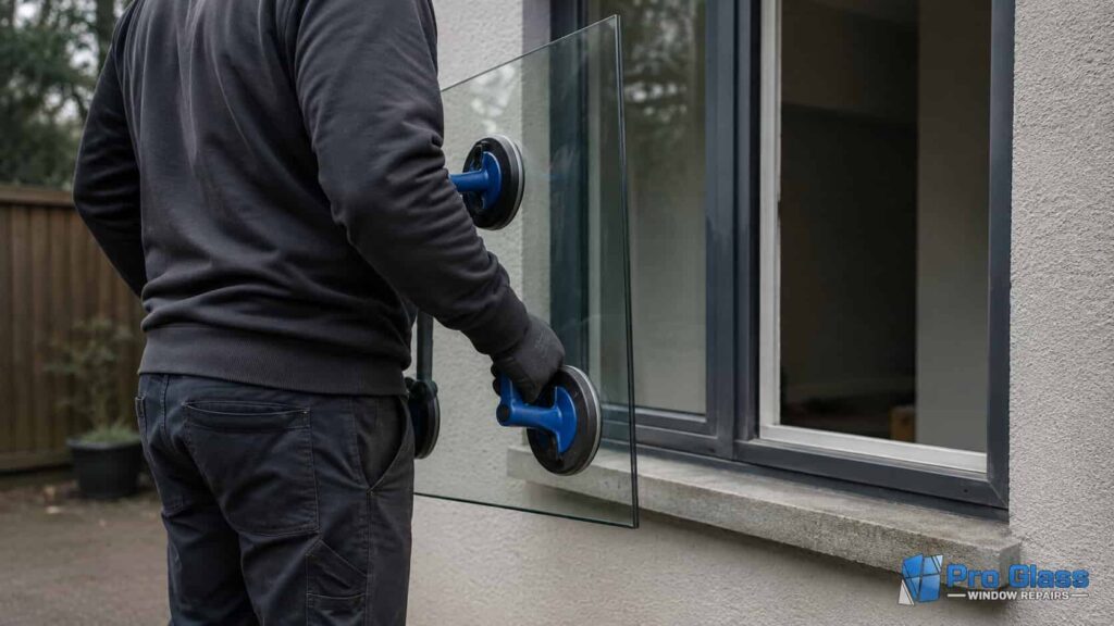 Technician carrying a replacement glass panel with suction cup lifters toward a residential window