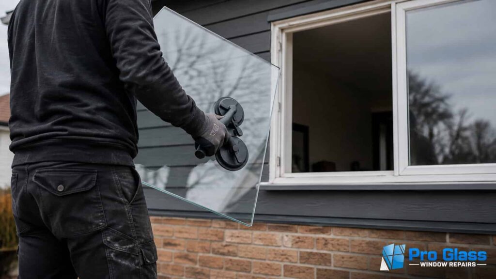 Technician carrying a replacement glass panel with suction cup lifters toward a residential window