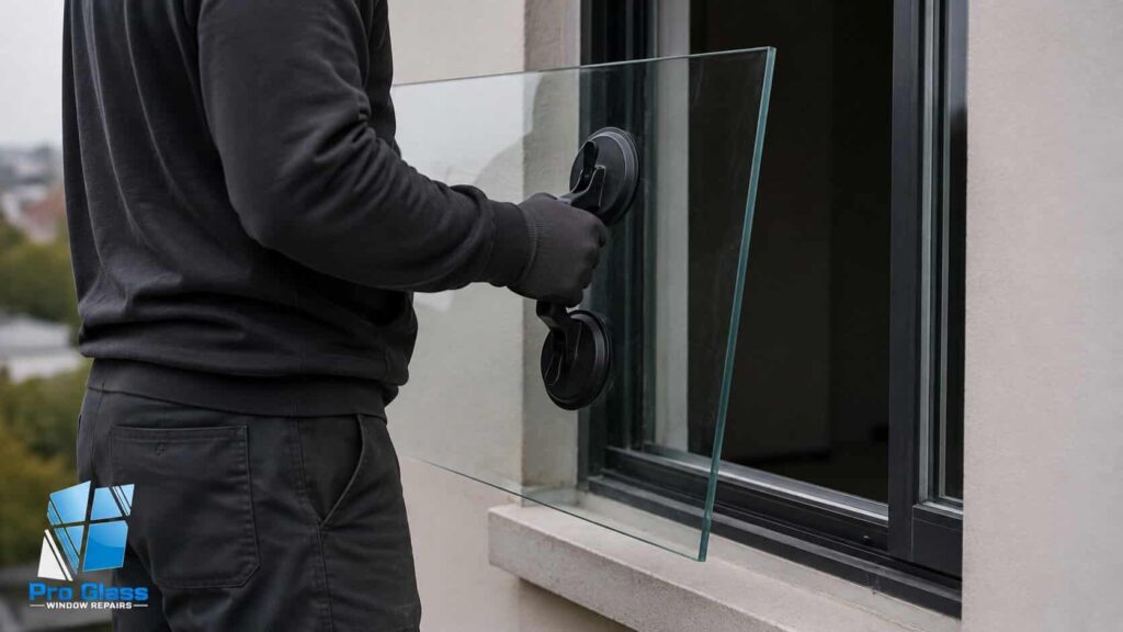 Technician carrying a replacement glass panel with suction cup lifters toward a window opening