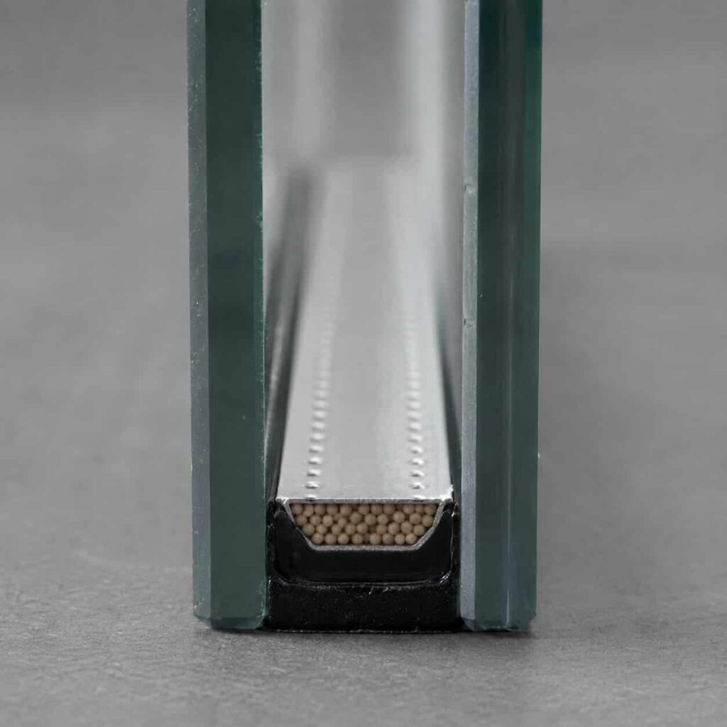 Edge of an insulated glass unit showing the spacer bar between two panes