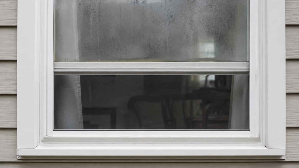 Double-pane window with haze and moisture trapped between the panes