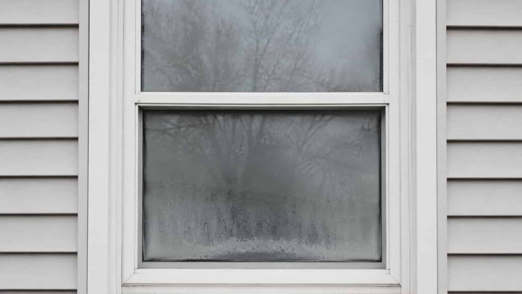 Double-pane window with haze and moisture trapped between the panes