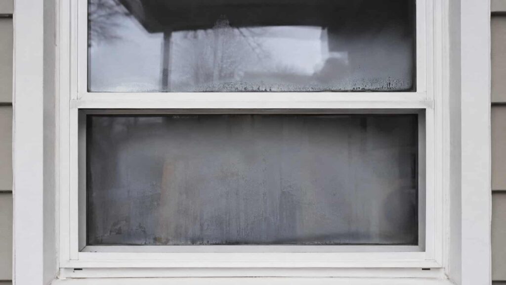 Double-pane residential window with haze and moisture trapped between the panes