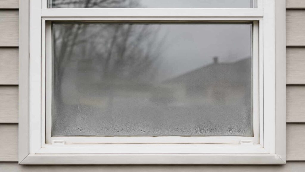 Double-pane residential window with haze and moisture trapped between the panes