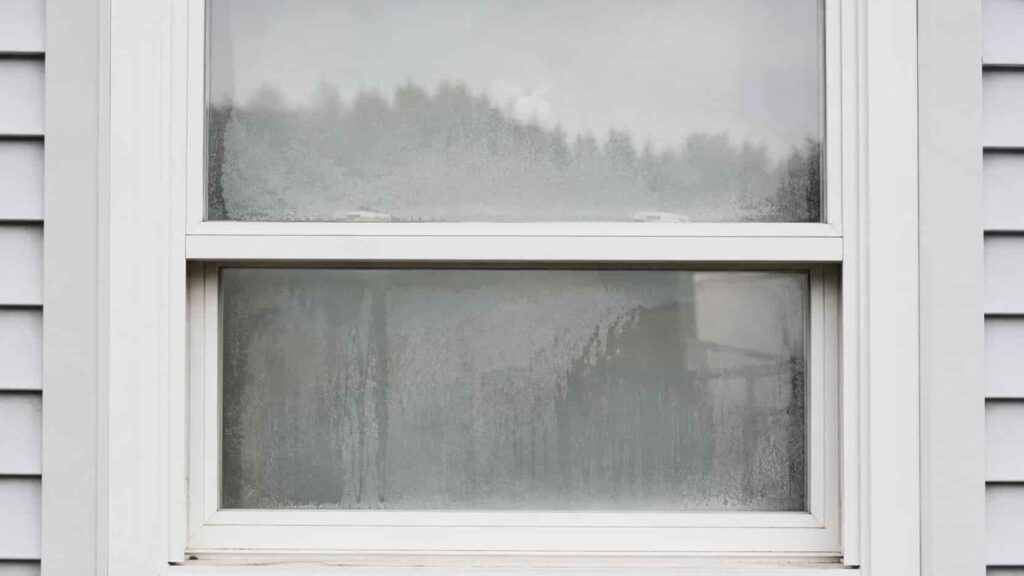 Double-pane residential window with haze and moisture trapped between the panes